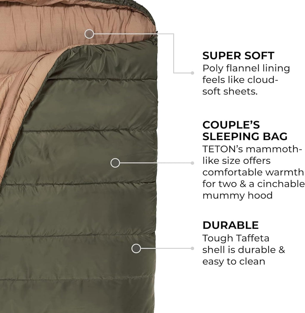 Teton Mammoth Queen Size Double Sleeping Bag- a Warm Bag the Whole Family Can Enjoy – Great for Camping, Hunting and Base Camp. Compression Sack Included